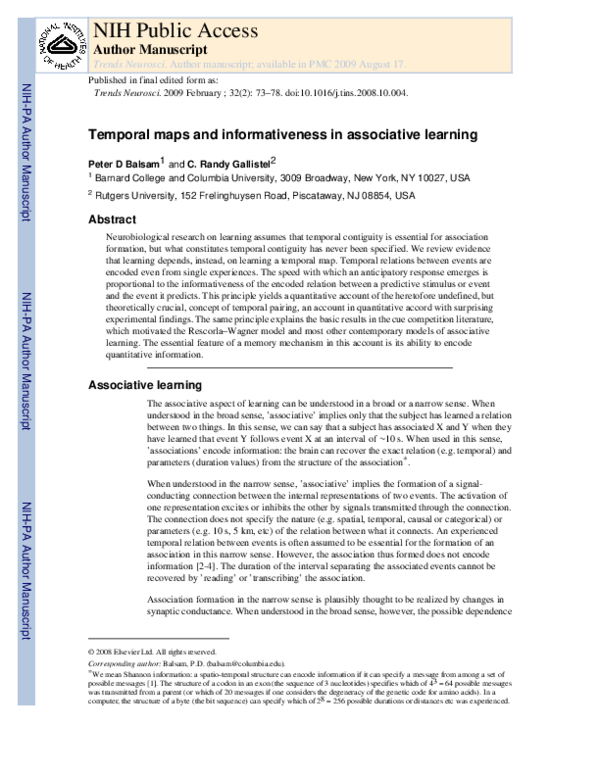 (PDF) Temporal maps and informativeness in associative learning