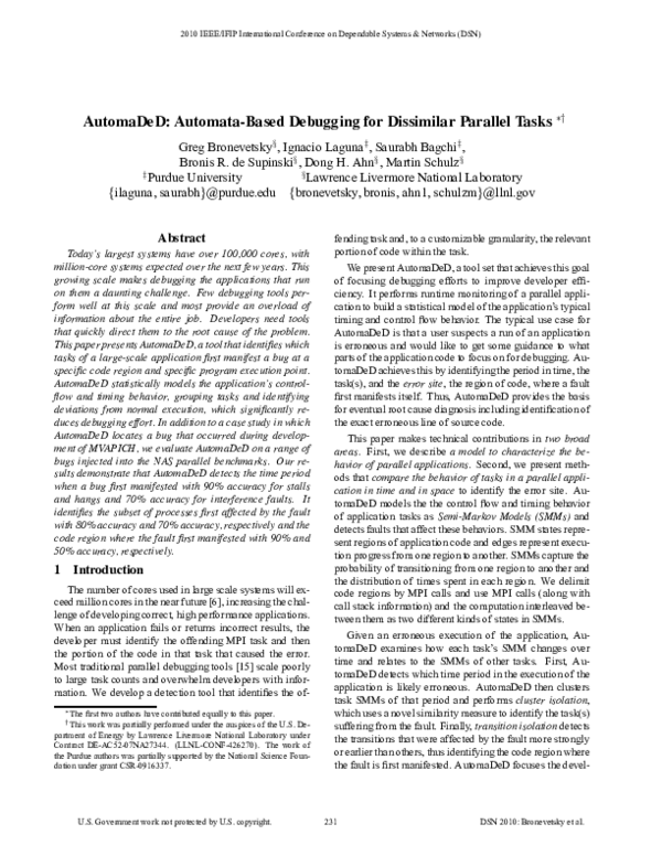 (PDF) AutomaDeD: Automata-based debugging for dissimilar parallel tasks