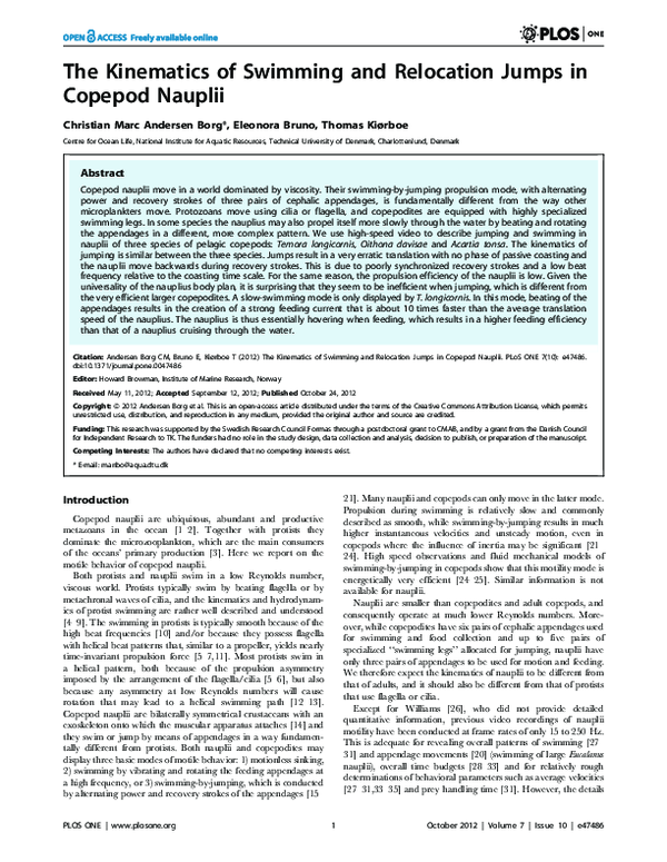 (PDF) The Kinematics of Swimming and Relocation Jumps in Copepod Nauplii