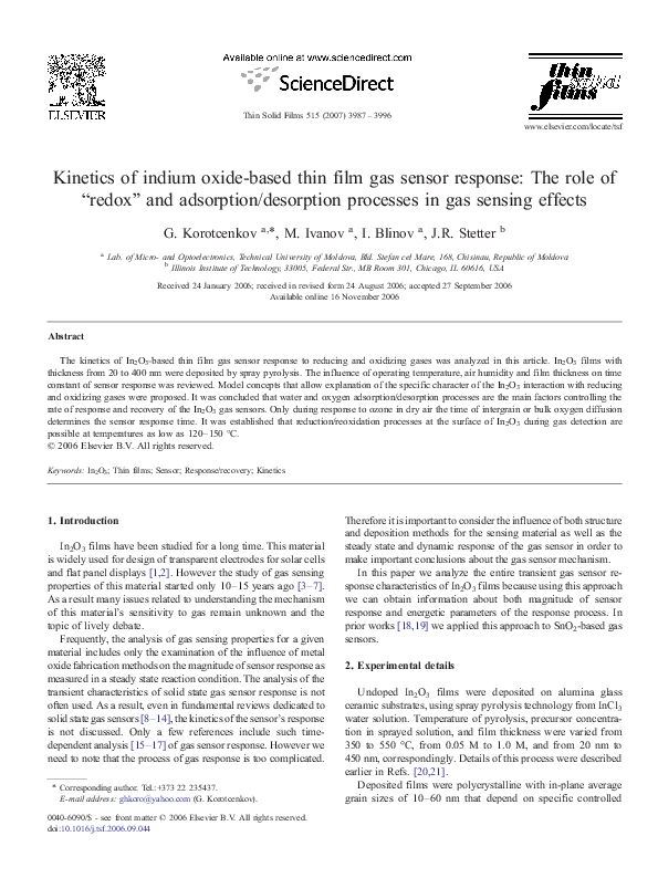 (PDF) Kinetics of indium oxide-based thin film gas sensor response: The ...