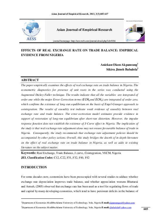 (PDF) Effects of Real Exchange Rate on Trade Balance: Empirical ...