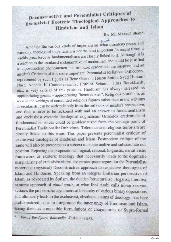 (PDF) Deconstructive and perennialist critiques of exclusivist exoteric ...