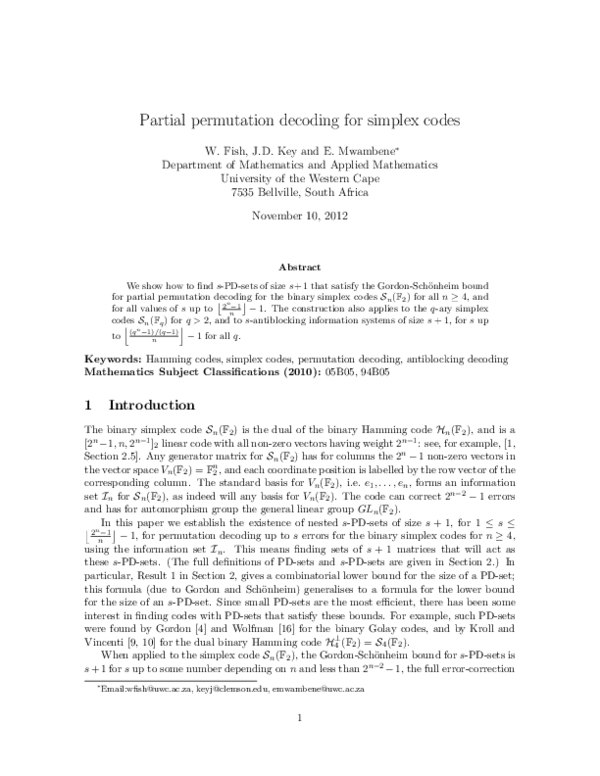 (PDF) Partial permutation decoding for simplex codes