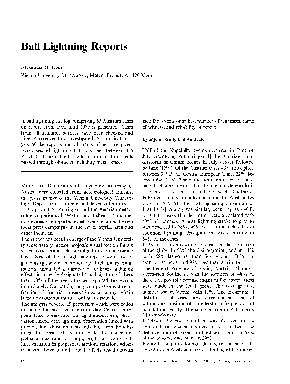 (PDF) Ball lightning reports Alexander G Keul Academia.edu