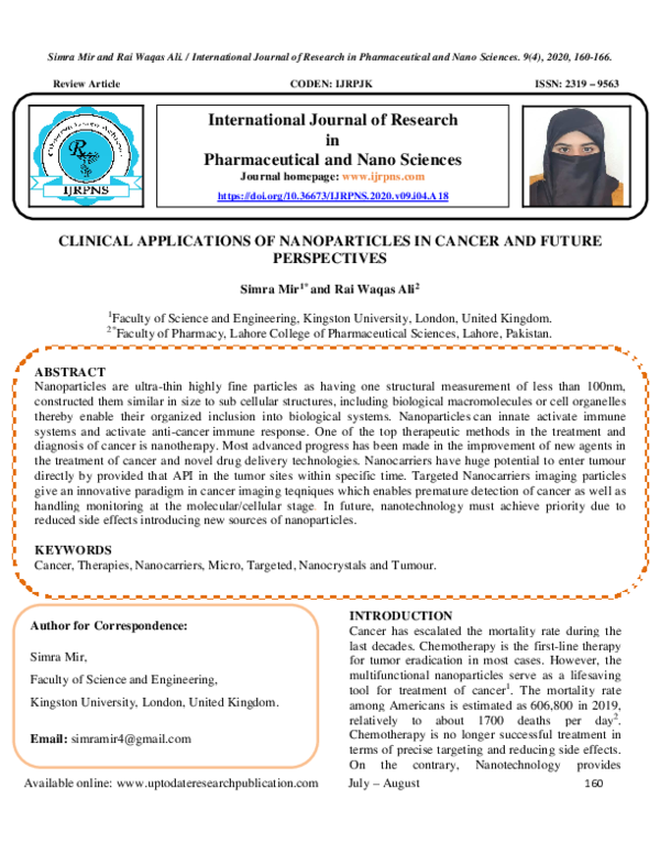 (PDF) CLINICAL APPLICATIONS OF NANOPARTICLES IN CANCER AND FUTURE ...
