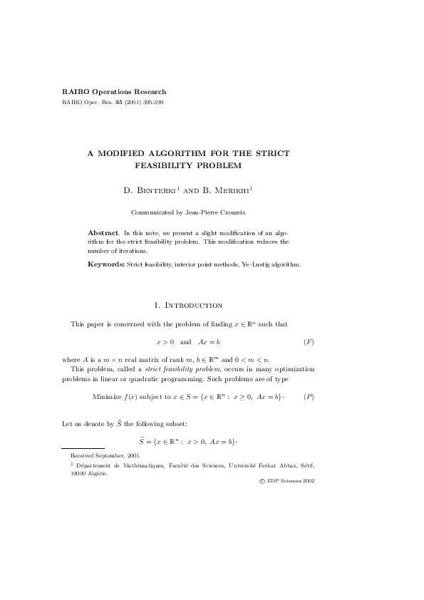 (PDF) A modified algorithm for the strict feasibility problem