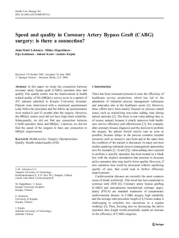 (PDF) Speed and quality in Coronary Artery Bypass Graft (CABG) surgery ...