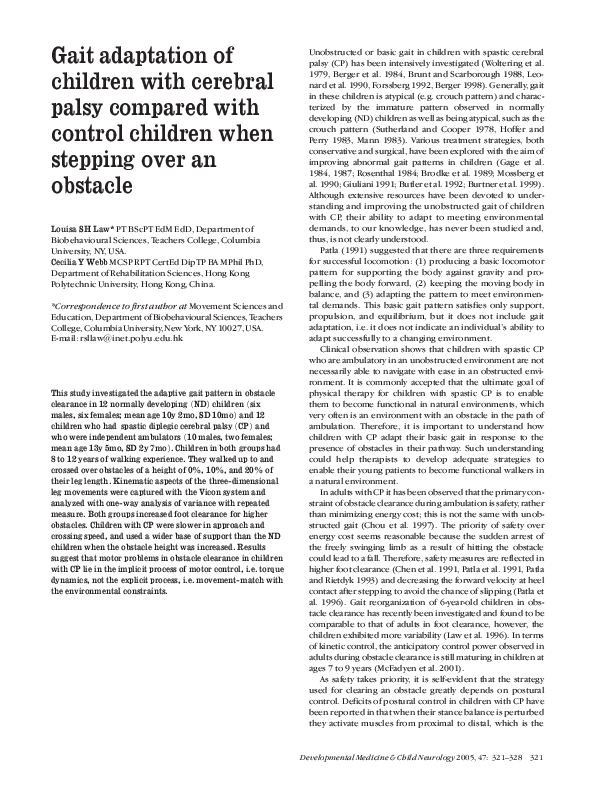 (PDF) Gait adaptation of children with cerebral palsy compared with ...