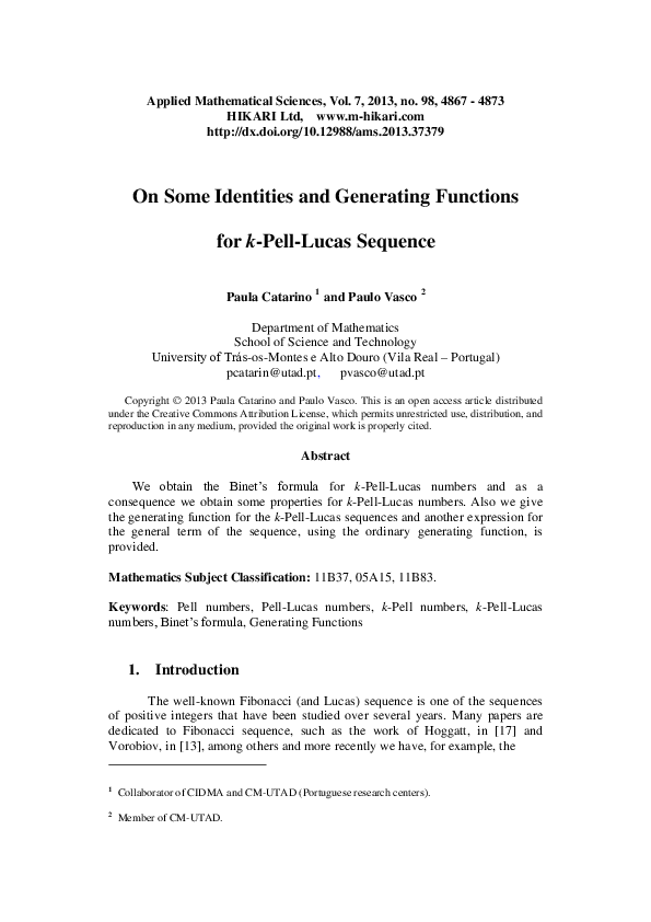 (PDF) On some identities and generating functions for k-pell-lucas sequence