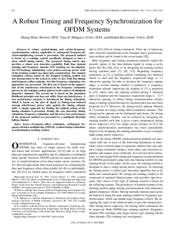 (PDF) Robust timing and frequency synchronization for OFDM systems