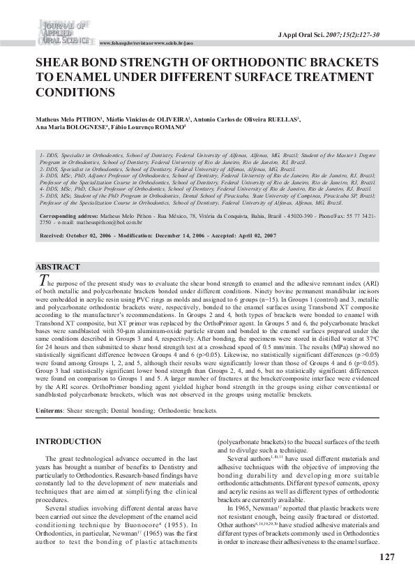 (PDF) Shear bond strength of orthodontic brackets to enamel under ...