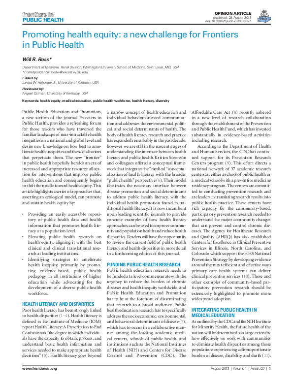 (PDF) Promoting health equity: a new challenge for frontiers in public ...