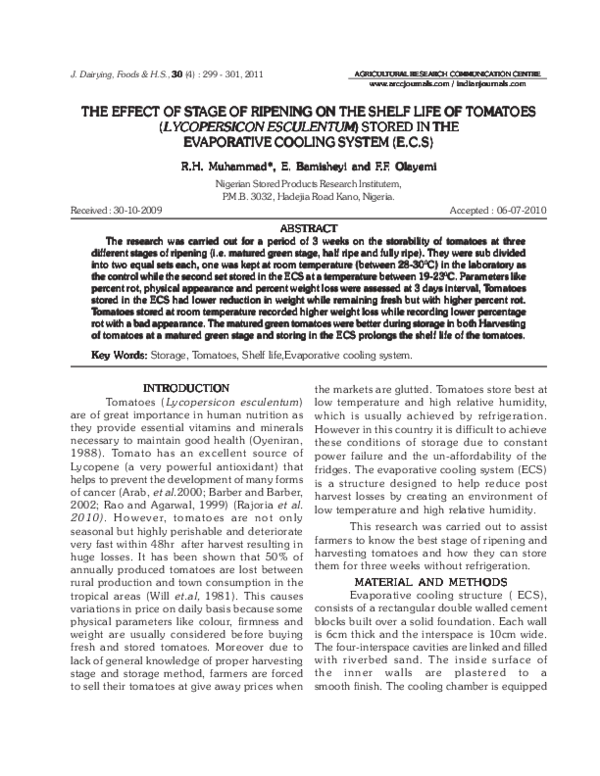 (PDF) The Effect of Stage of Ripening on the Shelf Life of Tomatoes