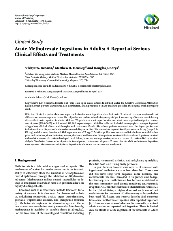 (PDF) Acute methotrexate ingestions in adults: a report of serious ...