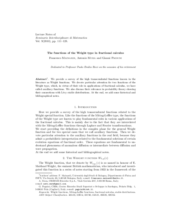 (PDF) The functions of the Wright type in fractional calculus