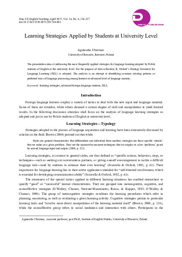 (PDF) Learning Strategies Applied by Students at University Level