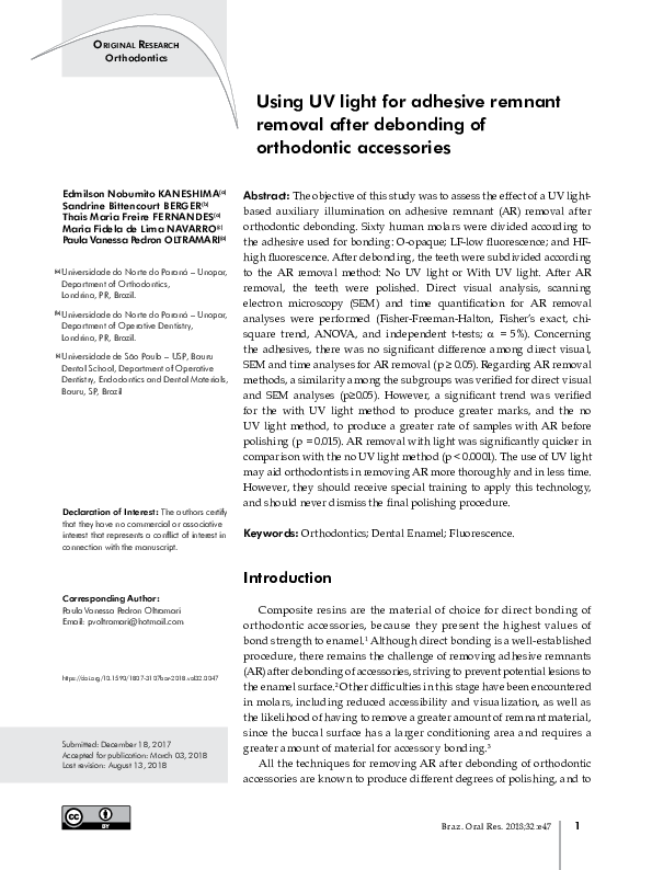 (PDF) Using UV light for adhesive remnant removal after debonding of