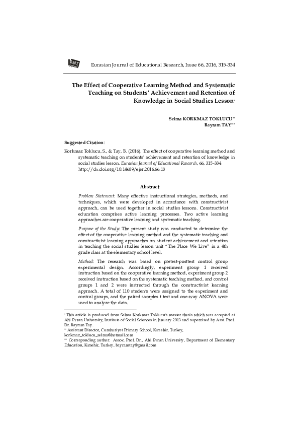 (PDF) The Effect of Cooperative Learning Method and Systematic Teaching ...