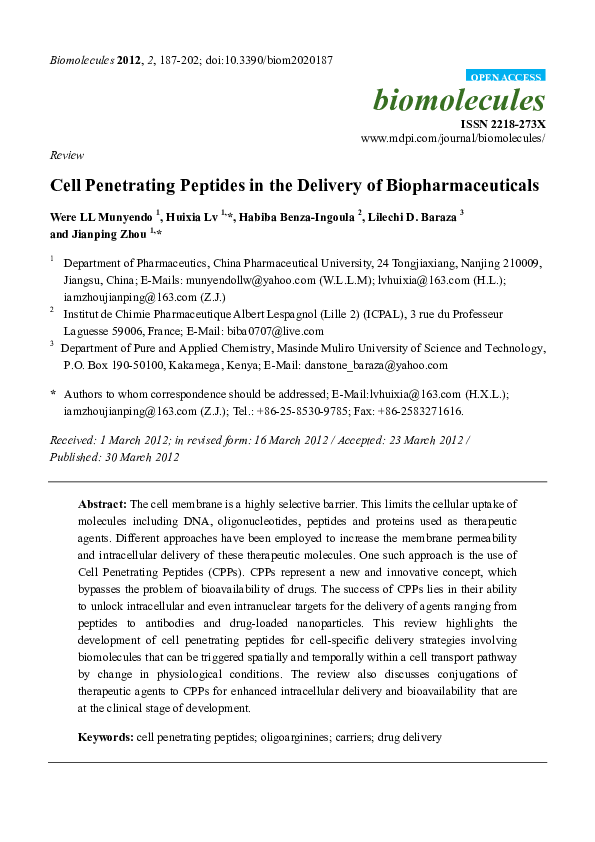 (PDF) Cell Penetrating Peptides in the Delivery of Biopharmaceuticals