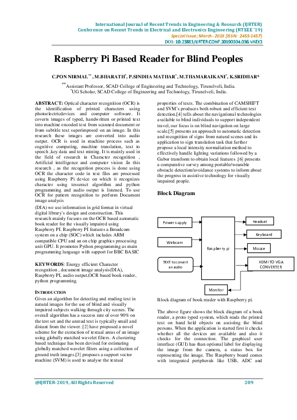 (PDF) Raspberry Pi Based Reader for Blind Peoples