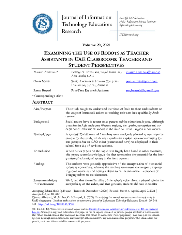 (PDF) Examining the Use of Robots as Teacher Assistants in UAE ...