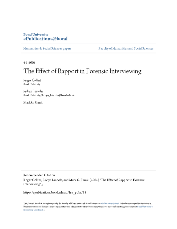 (PDF) The Effect of Rapport in Forensic Interviewing