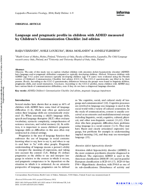 (PDF) Language and pragmatic profile in children with ADHD measured by ...
