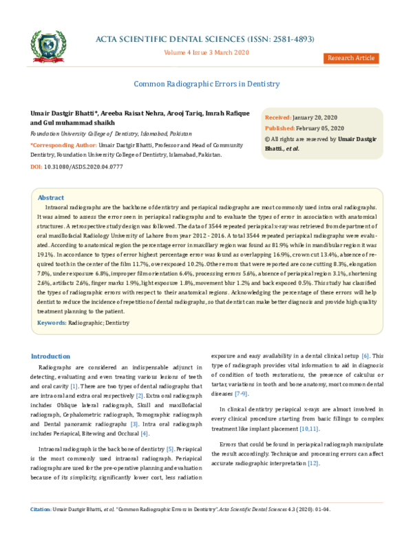 (PDF) Common Radiographic Errors in Dentistry Imrah Rafique