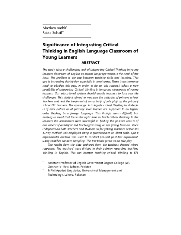 (PDF) Significance of Integrating Critical Thinking in English Language ...