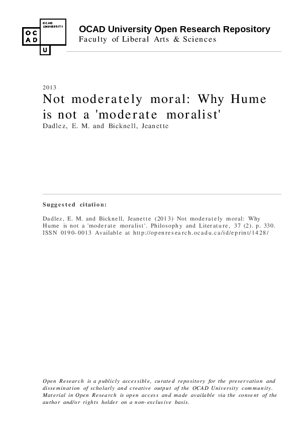 (PDF) Not Moderately Moral: Why Hume Is Not a “Moderate Moralist”