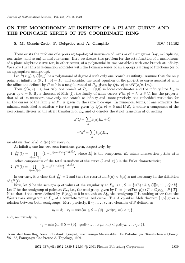 (PDF) On the Monodromy at Infinity of a Plane Curve and the Poincar ...
