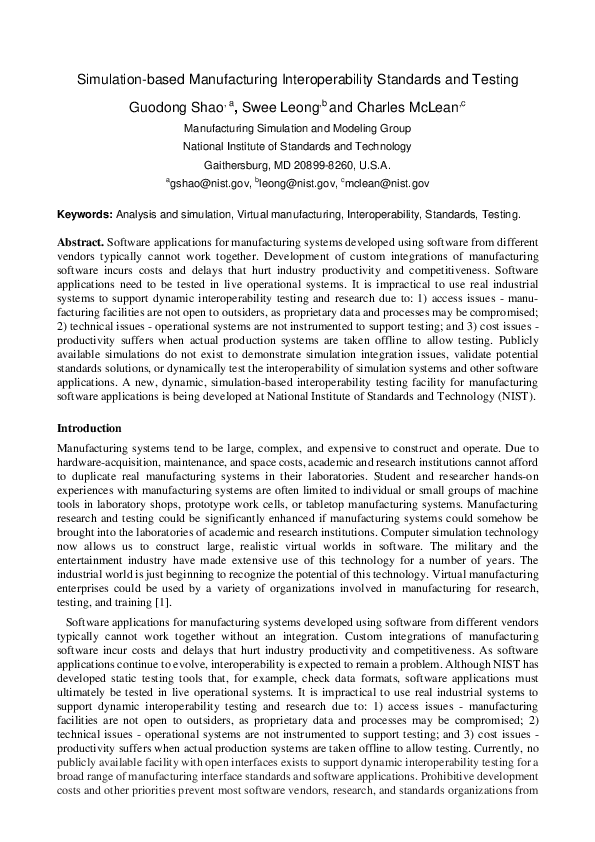 (PDF) Simulation-Based Manufacturing Interoperability Standards and Testing