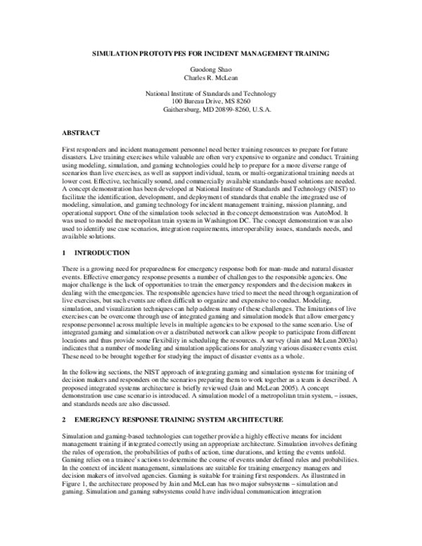 (PDF) Simulation Prototypes for Incident Management Training