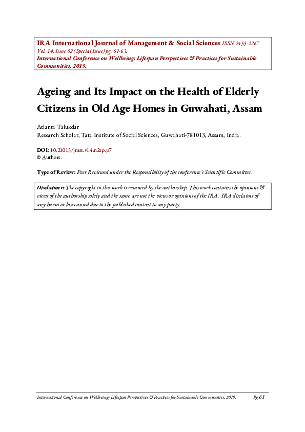 (PDF) Ageing and Its Impact on the Health of Elderly Citizens in Old ...