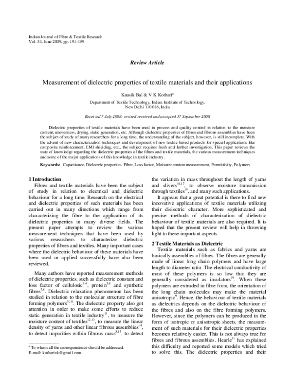(PDF) Measurement of Dielectric Properties of Textile Materials and ...