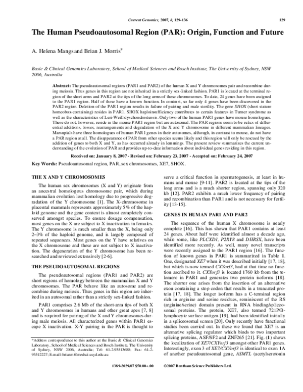 (PDF) The Human Pseudoautosomal Region (PAR): Origin, Function and Future