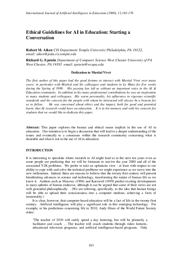 (PDF) Ethical guidelines for AI in education: Starting a conversation