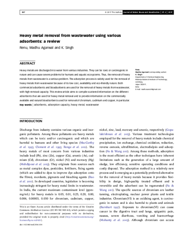 (PDF) Heavy metal removal from wastewater using various adsorbents: a ...