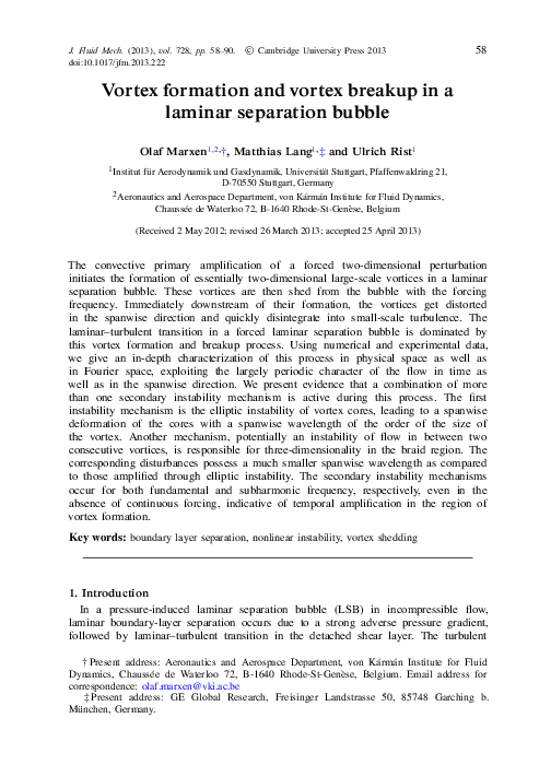 (PDF) Vortex formation and vortex breakup in a laminar separation bubble
