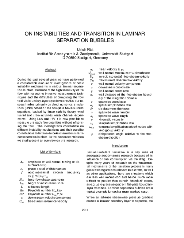 (PDF) On Instabilities and Transition in Laminar Separation Bubbles