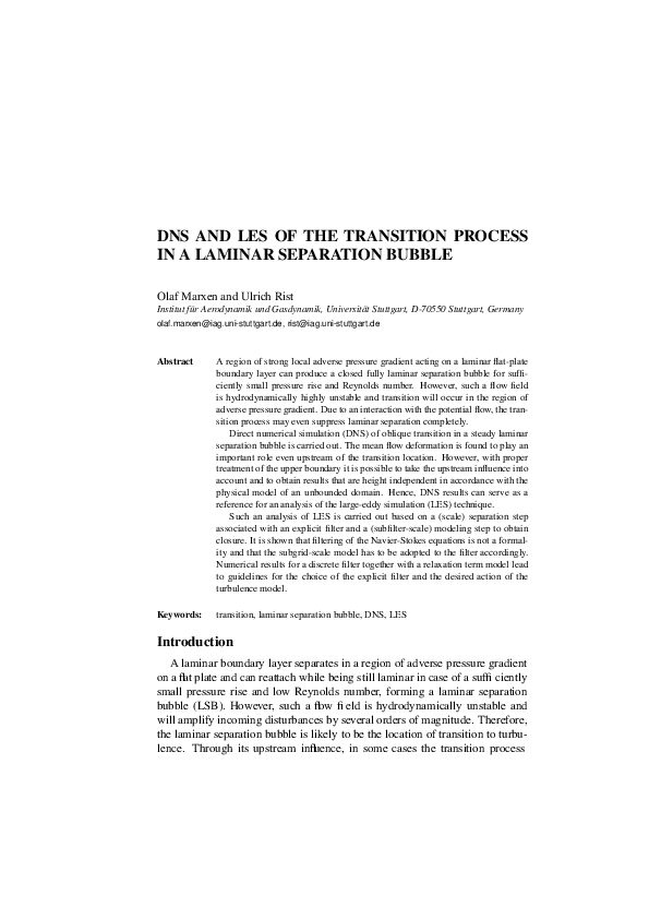 (PDF) DNS and LES of the Transition Process in a Laminar Separation Bubble