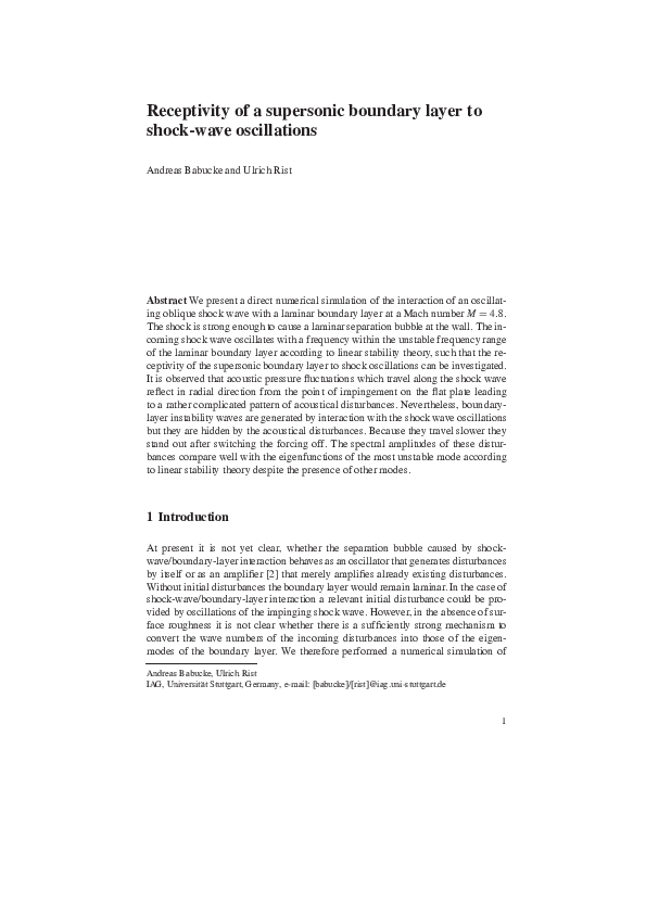(PDF) Receptivity of a supersonic boundary layer to shock-wave oscillations