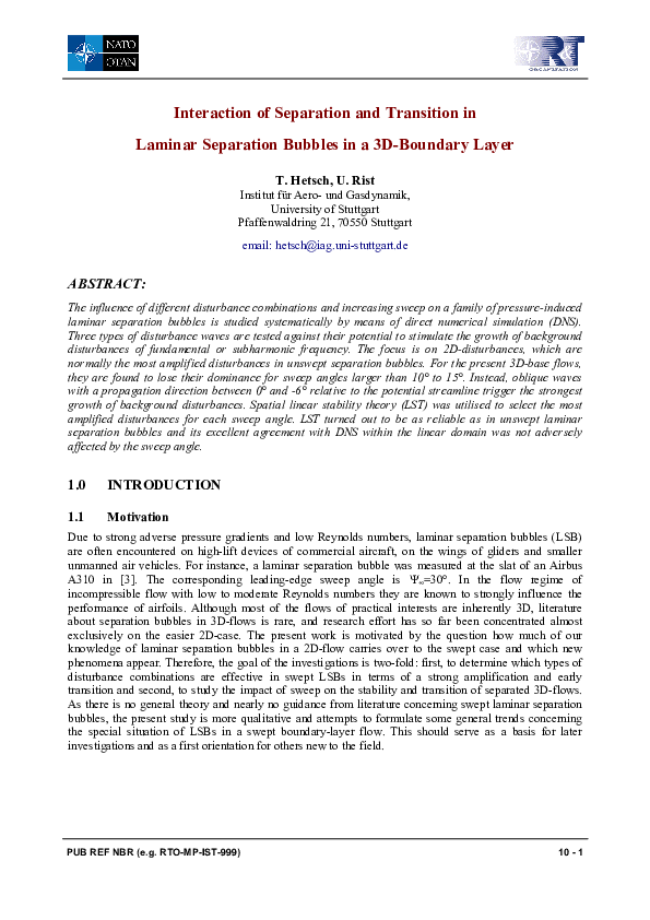 (PDF) Interaction of Separation and Transition in Laminar Separation ...