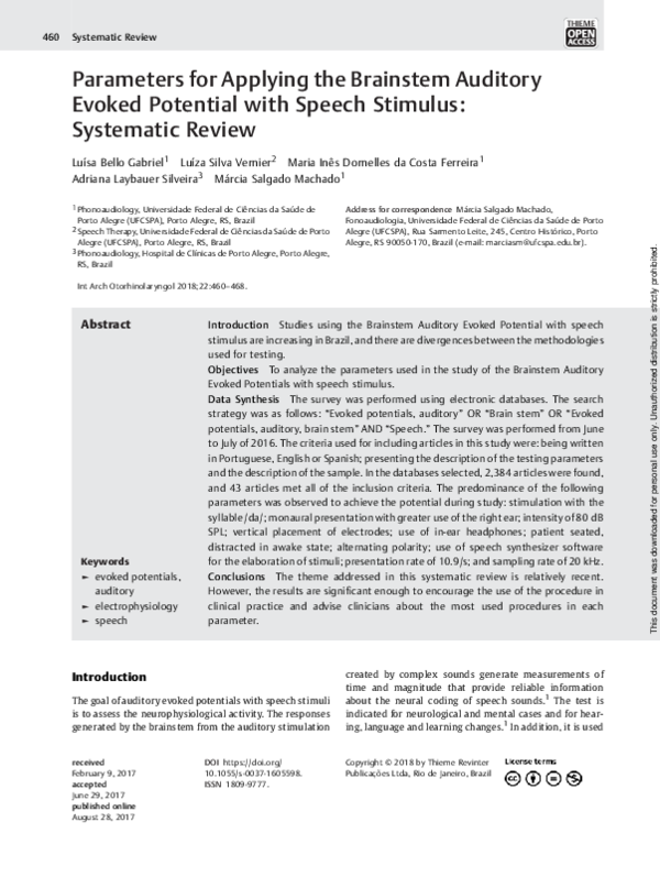(PDF) Parameters for Applying the Brainstem Auditory Evoked Potential ...