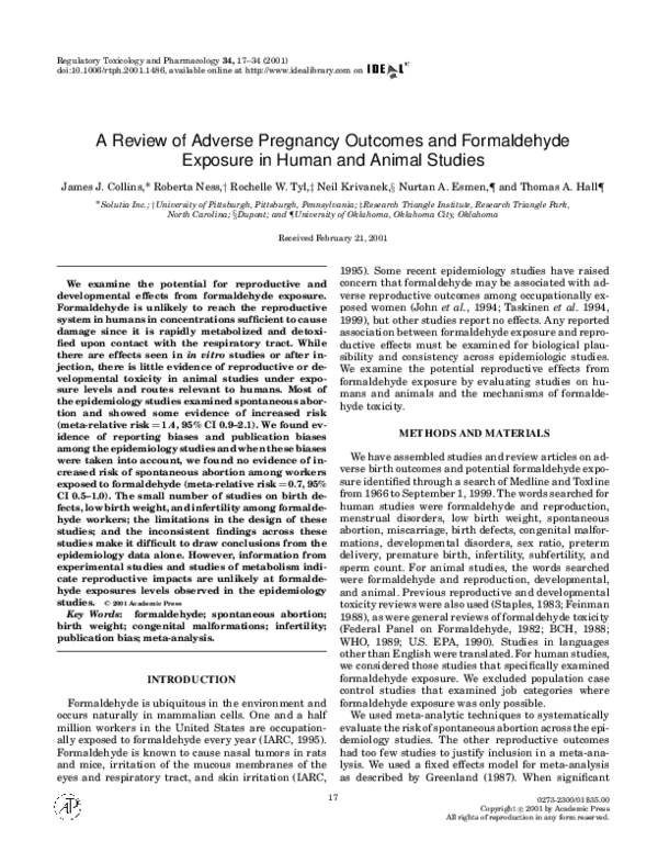 (PDF) A Review of Adverse Pregnancy and Formaldehyde Exposure