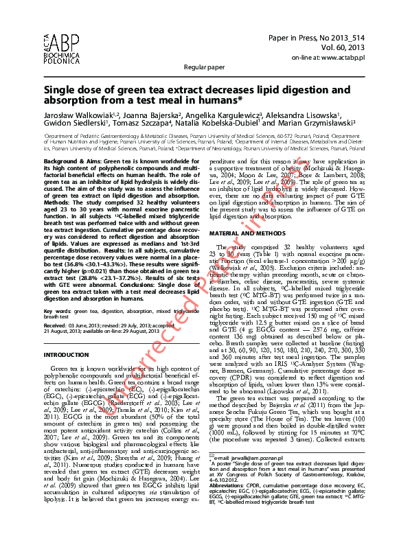 (PDF) Single dose of green tea extract decreases lipid digestion and ...