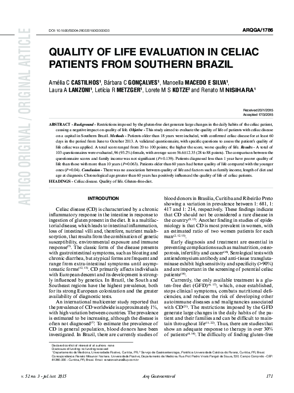 (PDF) Quality of Life Evaluation in Celiac Patients from Southern Brazil