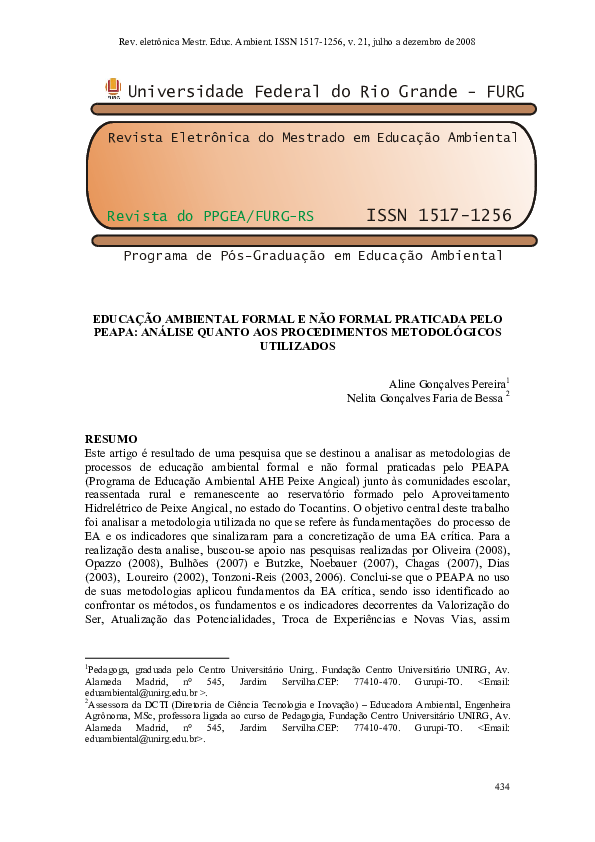 (PDF) Educação Ambiental Formal e Não Formal Praticada Pelo Peapa Análise Quanto Aos