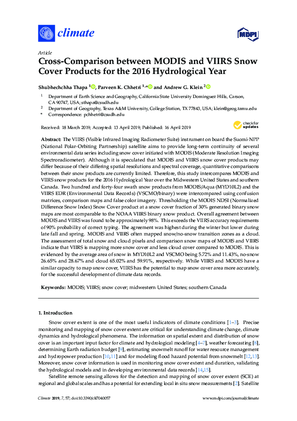 (PDF) Cross-Comparison between MODIS and VIIRS Snow Cover Products for ...