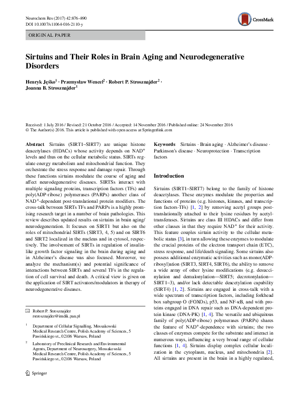 (PDF) Sirtuins and Their Roles in Brain Aging and Neurodegenerative ...